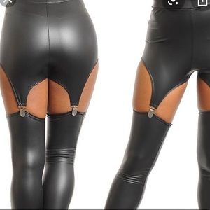 Goth Moto Sexy 95% Silk stretch garter split pant